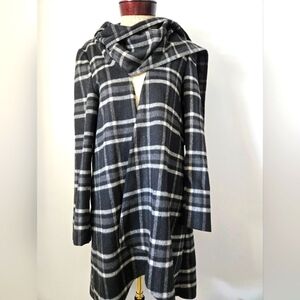 MARIO SERRANI Black, Grey Plaid Wrap Coat, Attached Scarf.Purple Silky Lining.8